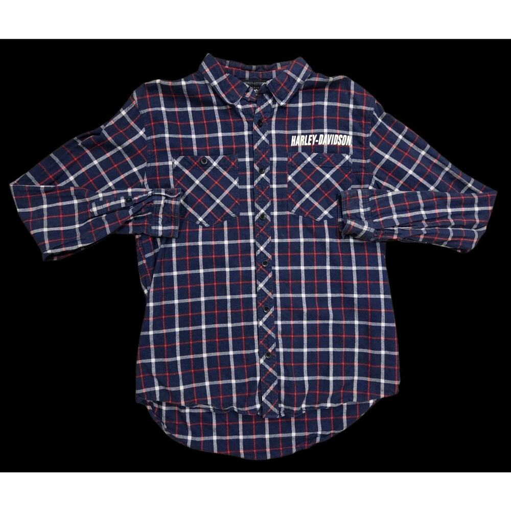 Harley Davidson Plaid Shirt Authentic Blue Red Pockets Long Sleeve Buttons Large